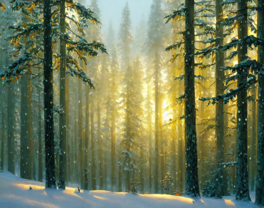 Misty Winter Forest with Snow-covered Pine Trees