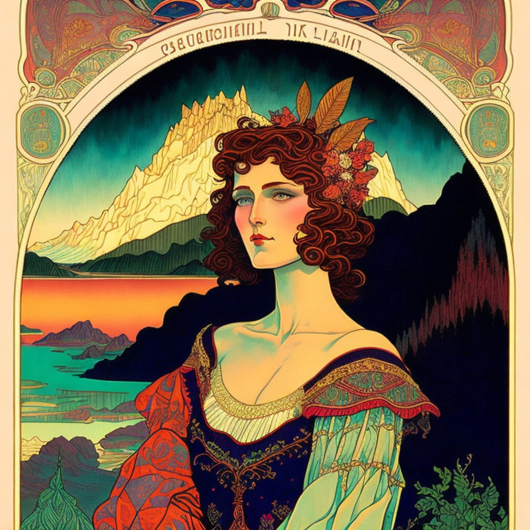 Art Nouveau Woman in Vintage Clothing Illustration with Mountain and Sunset Background