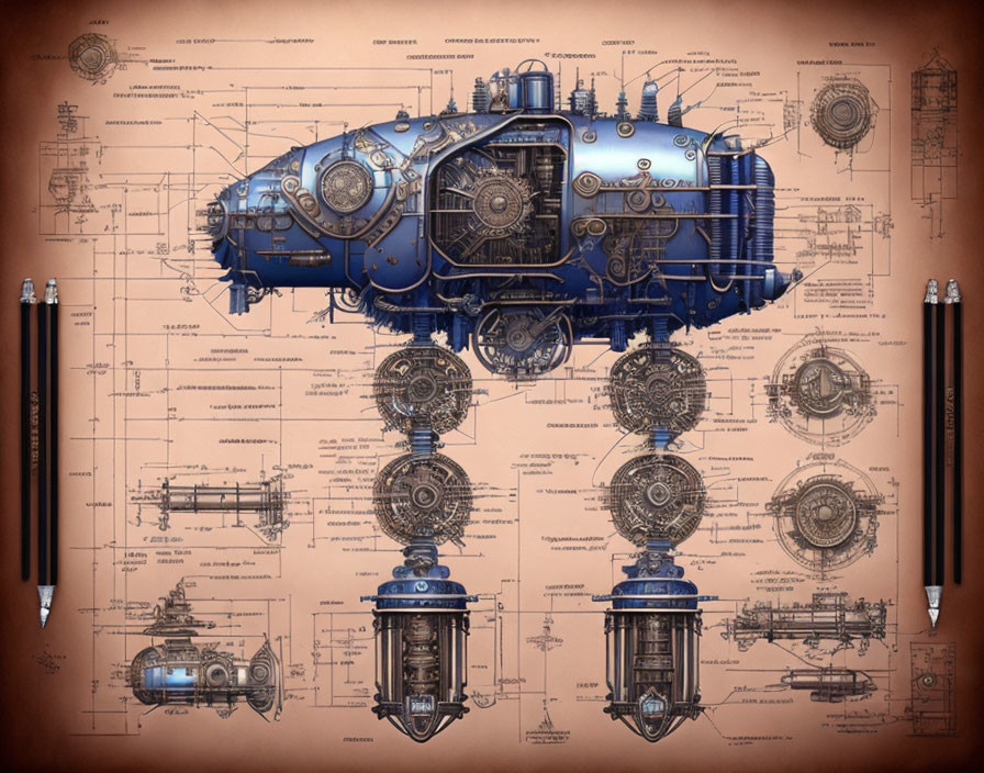 Detailed Steampunk-Style Submarine Blueprint on Brown Background