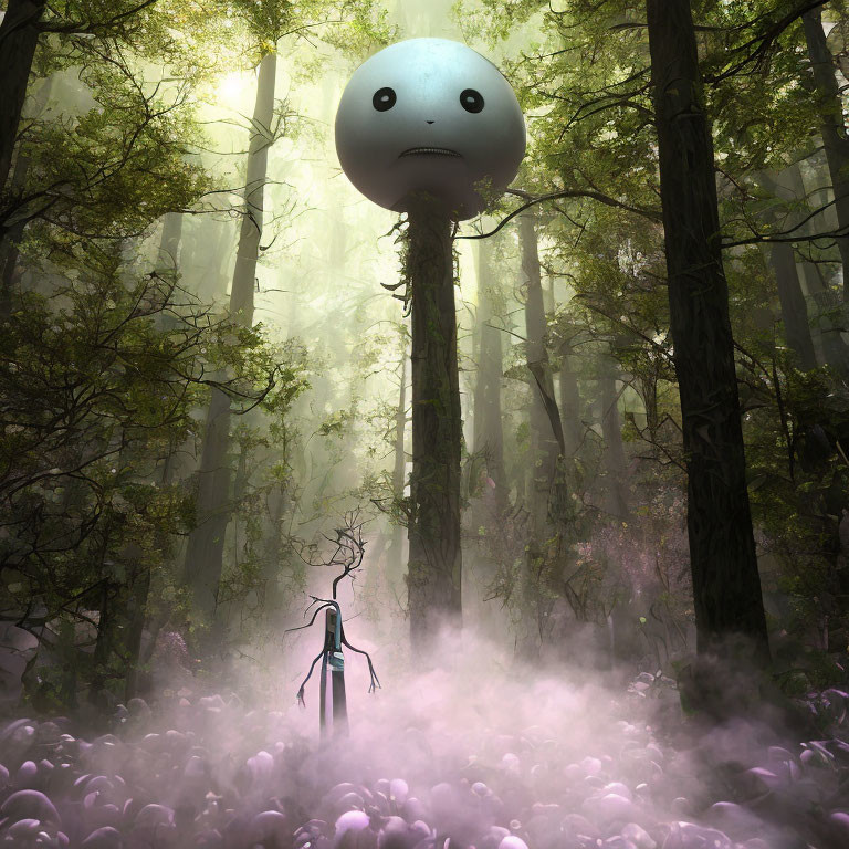 Dark figure in misty forest gazes at floating spherical creature