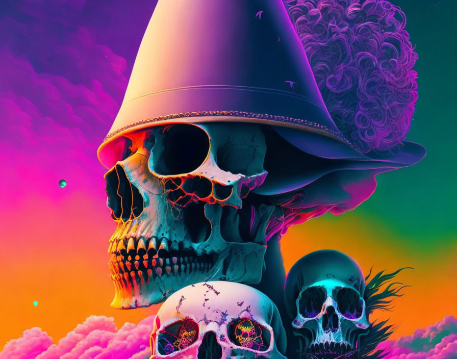 Three stylized skulls, one with a bucket hat, on a psychedelic multicolored background