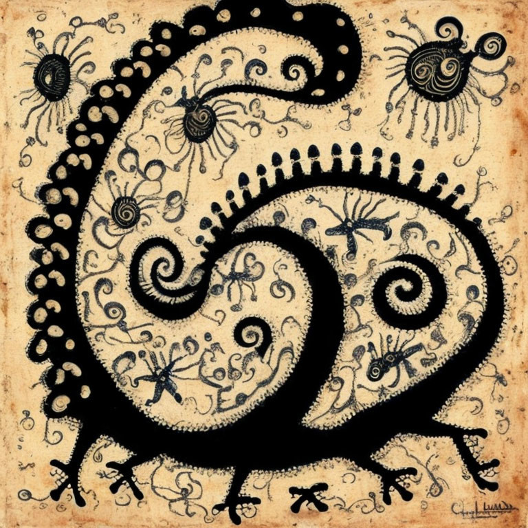Abstract black ink drawing with spirals, dots, eye-like creatures, and insects on beige background
