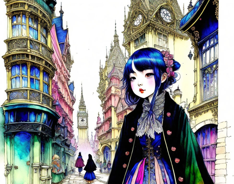 Stylized young woman with blue hair in Victorian attire before colorful cityscape.