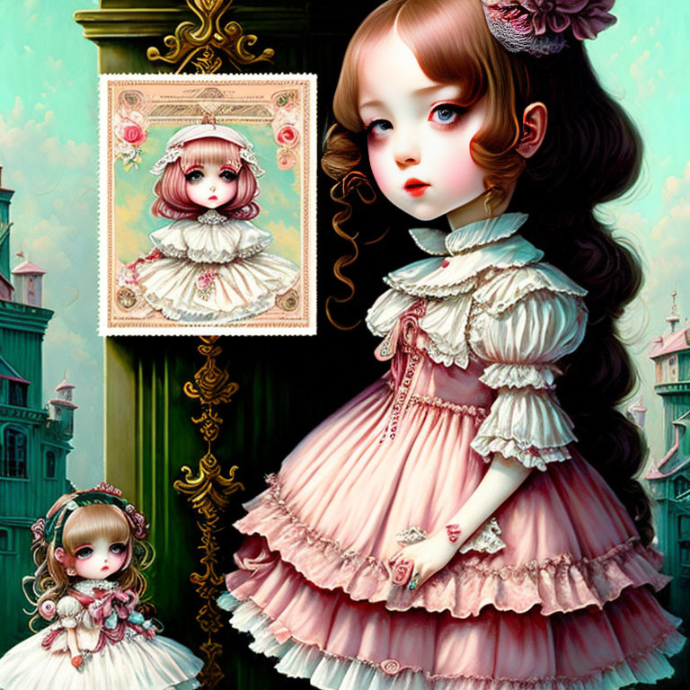 Illustration of girl with large eyes in ornate dress amid decorative frames in fantastical cityscape