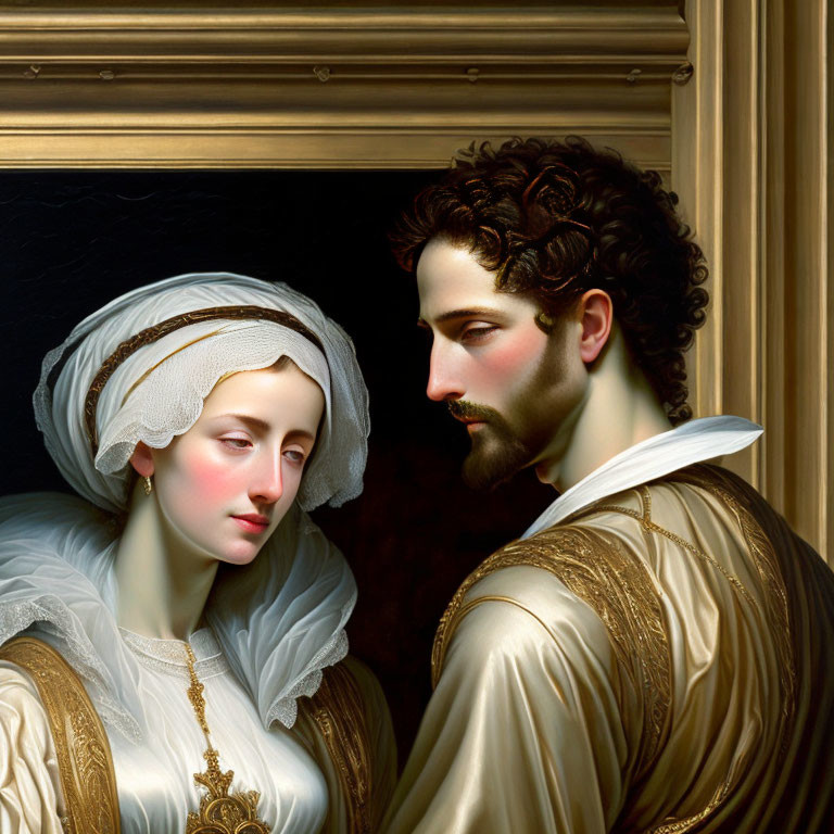 Intimate period clothing scene with woman in white headscarf and man with curly hair
