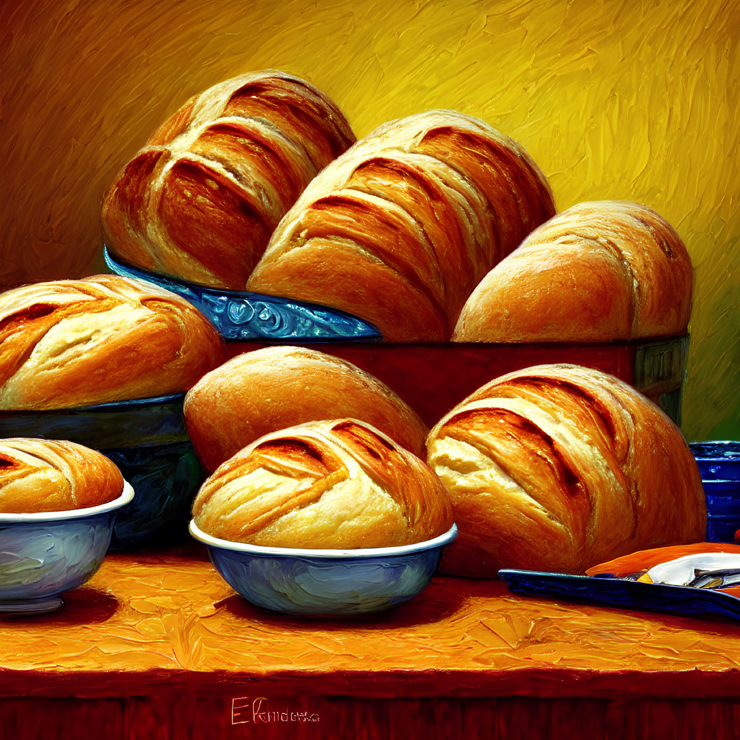 Vibrant painting of crusty bread loaves and blue bowls on wooden surface