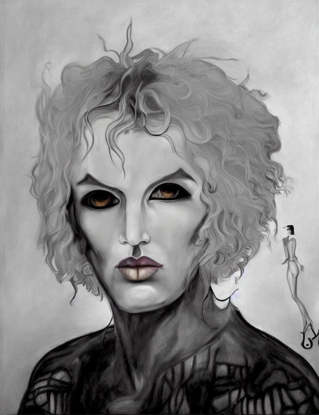 Greyscale portrait of person with curly hair, black eyes, full lips, and lace-like pattern.