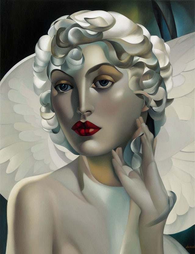 Stylized painting of a person with angelic wings and red lips