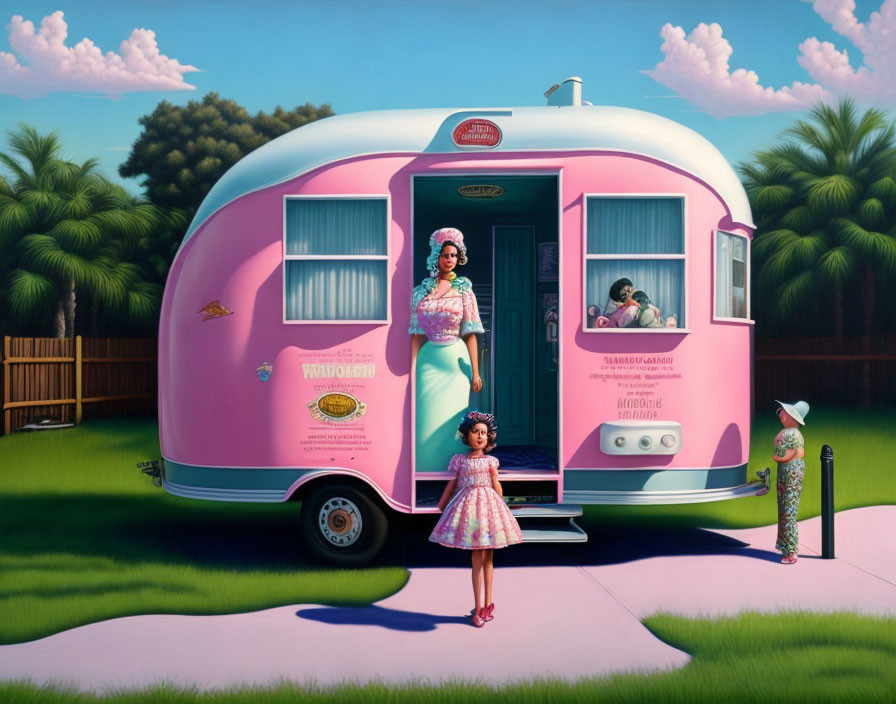 Vibrant illustration of vintage pink trailer with figures outside and inside