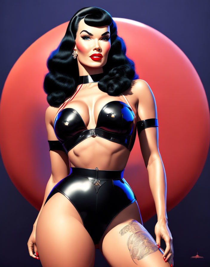 Stylized pin-up woman in black latex lingerie with thigh tattoo on red background