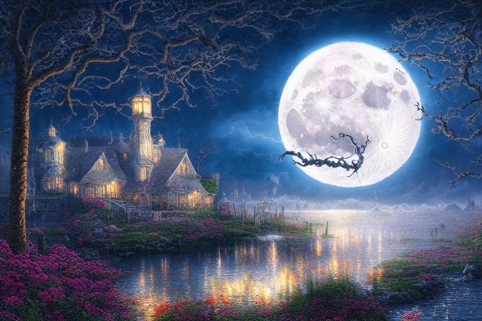 Fantasy landscape with large moon, flying sleigh, illuminated house, river, trees, pink flowers