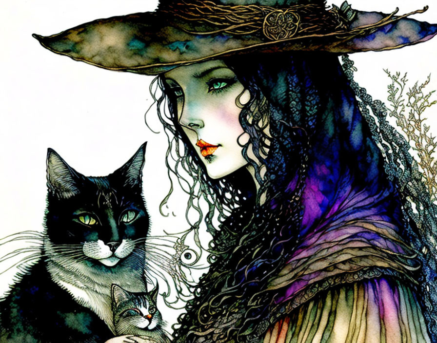 Stylized illustration of woman in wide-brimmed hat with intricate designs and cat