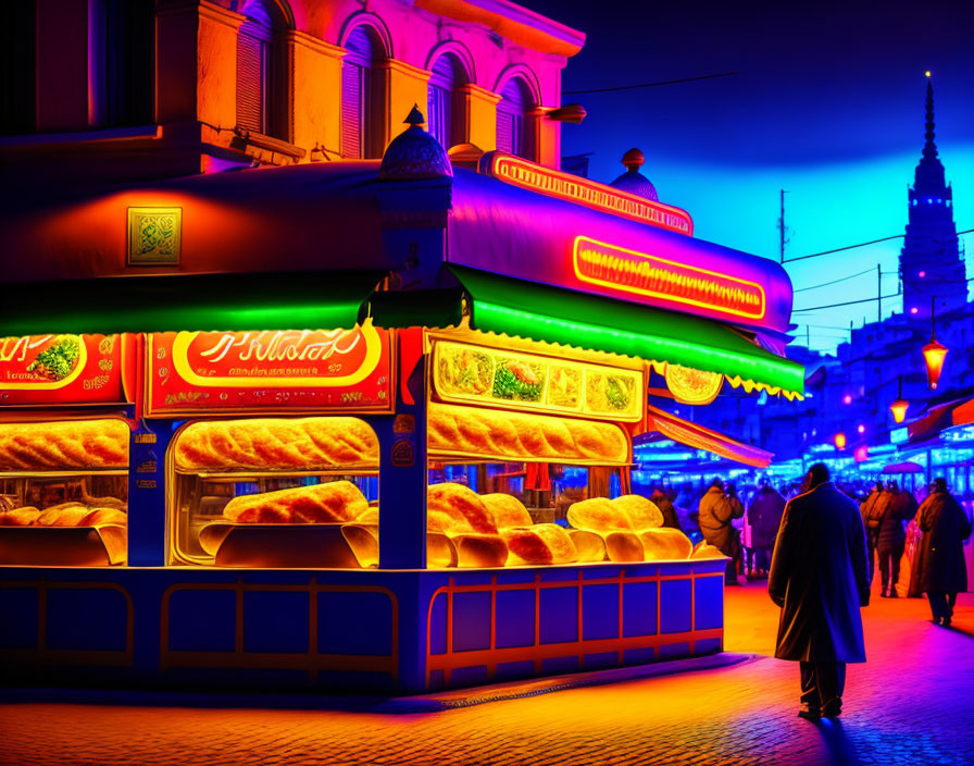 Neon-lit food stalls and buildings in vibrant night street scene