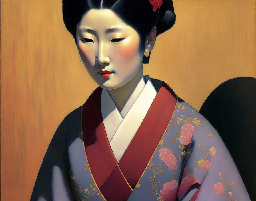 Portrait of a Geisha Woman in Kimono with Kanzashi Hair Ornaments