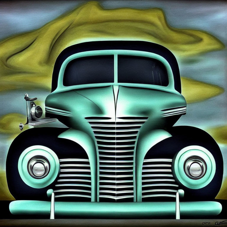 Stylized teal and gray classic car on swirling yellow backdrop