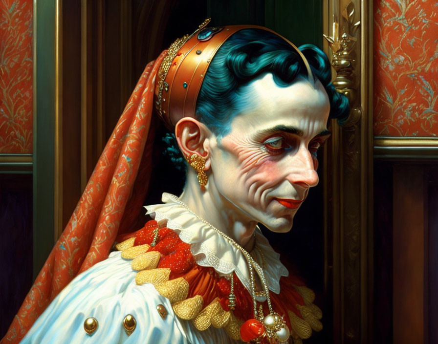 Surreal portrait of a person with clown-like facial features in regal attire