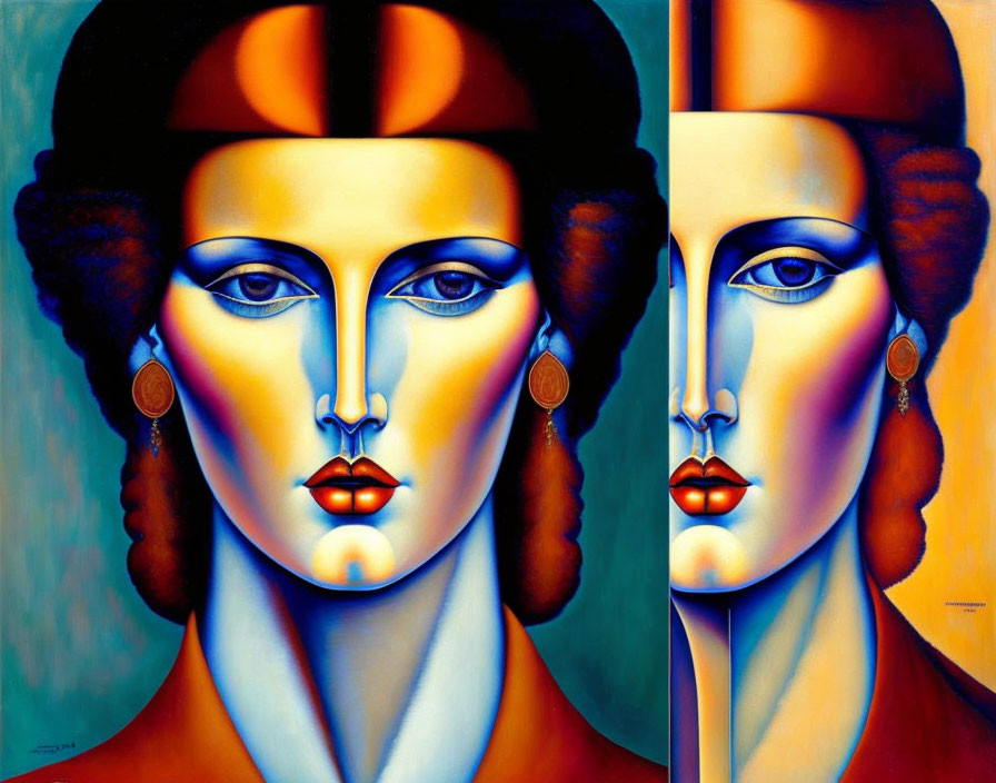 Symmetrical Female Faces with Elaborate Hairstyles on Warm Background