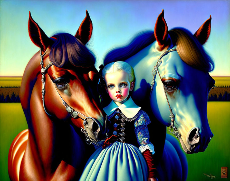 Young girl between brown and blue horses in surreal landscape