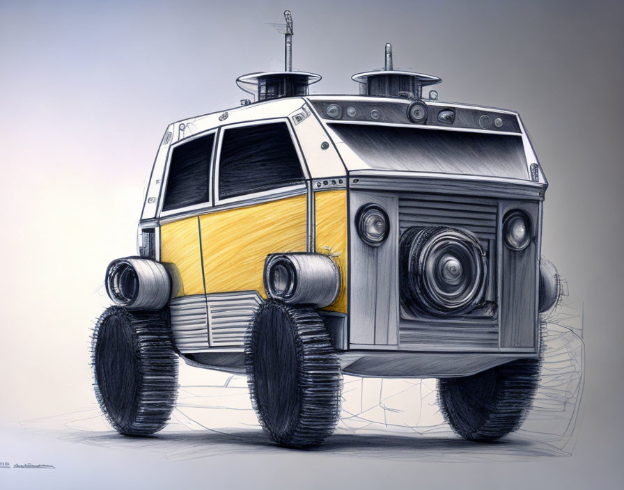 Conceptual six-wheeled vehicle sketch with yellow and white body, large camera headlights, and top