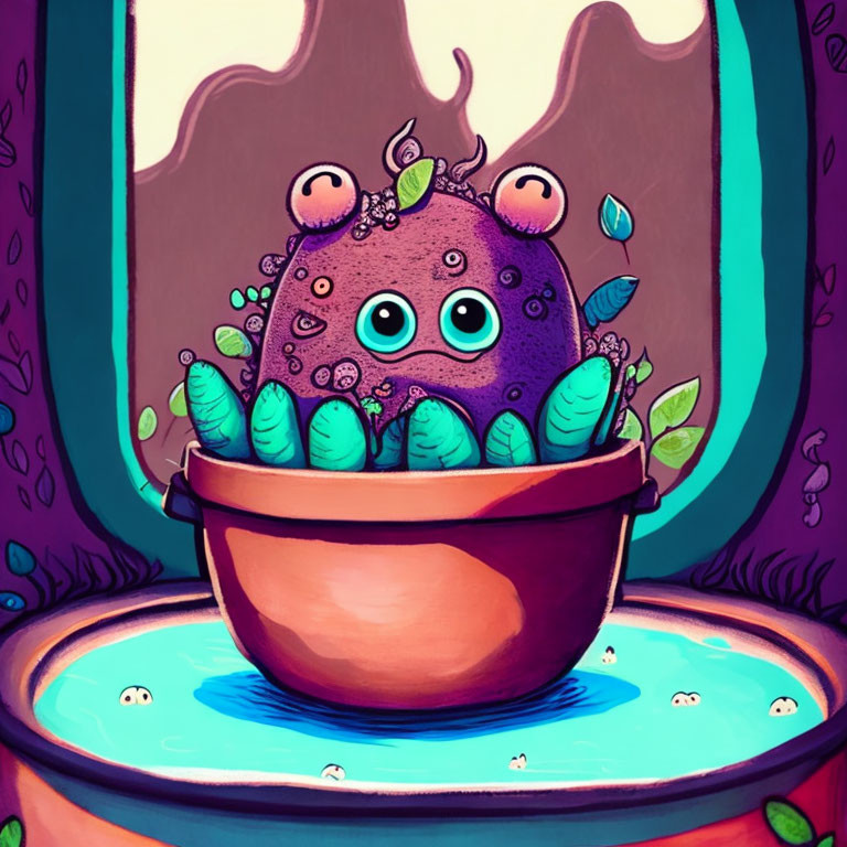Purple Octopus-Like Creature in Pot Surrounded by Plants and Small Creatures