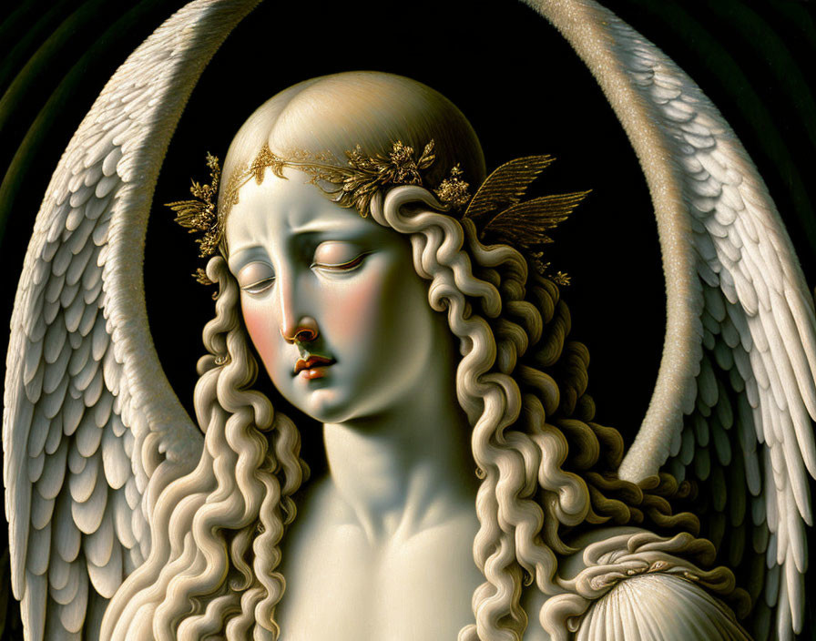 Detailed painting of an angel with white wings and golden laurel crown