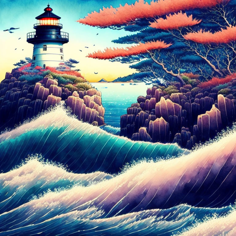 Colorful seascape with lighthouse, cliffs, crashing waves, and stylized trees