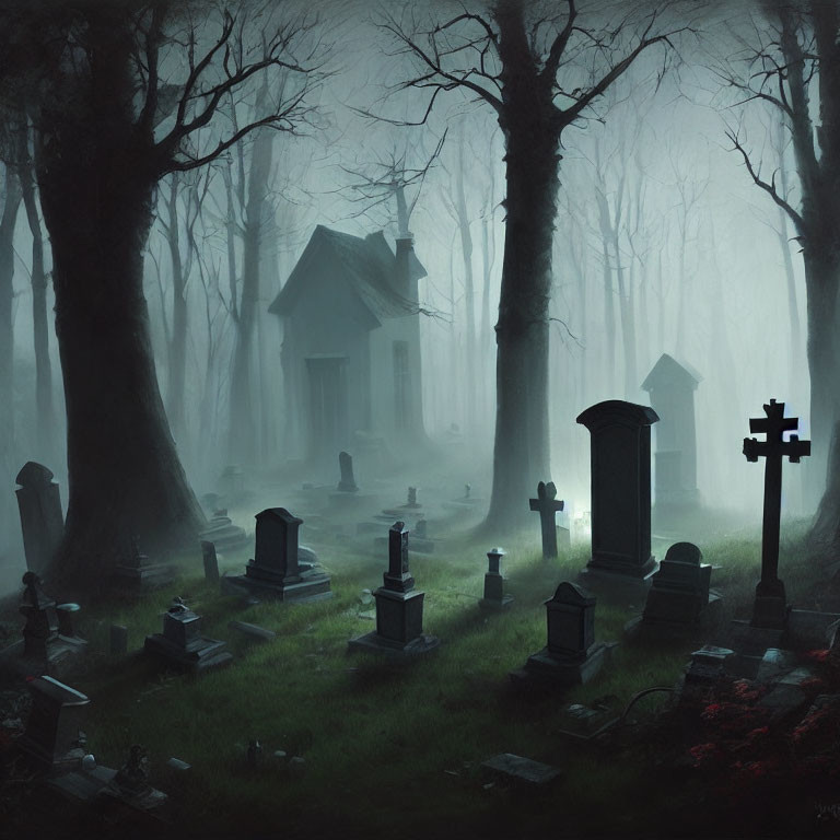 Eerie graveyard with tombstones and chapel in misty fog