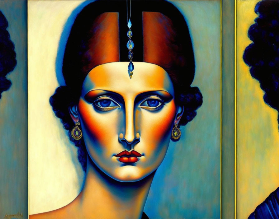 Stylized portrait of a woman with blue eyes and ornate headdress