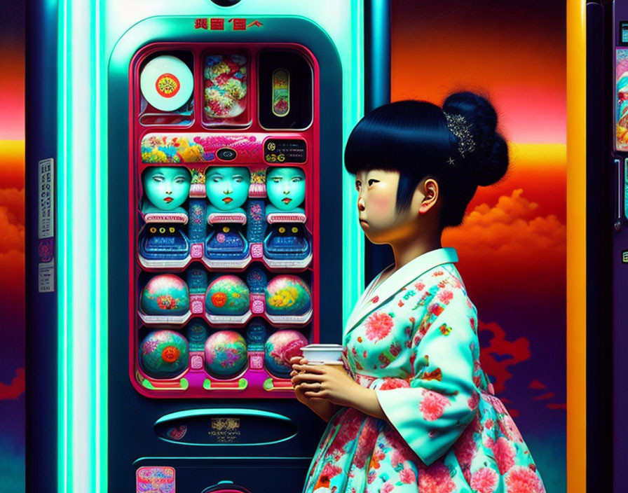 Vibrant illustration of young girl in kimono by Japanese vending machine at sunset
