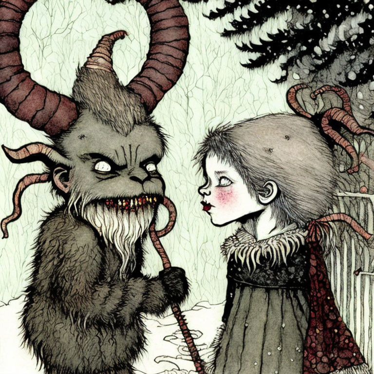 Illustration of girl confronting horned creature in whimsical forest