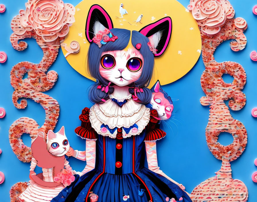 Anthropomorphic Cat Girl in Blue and Red Dress with Floral Accessories