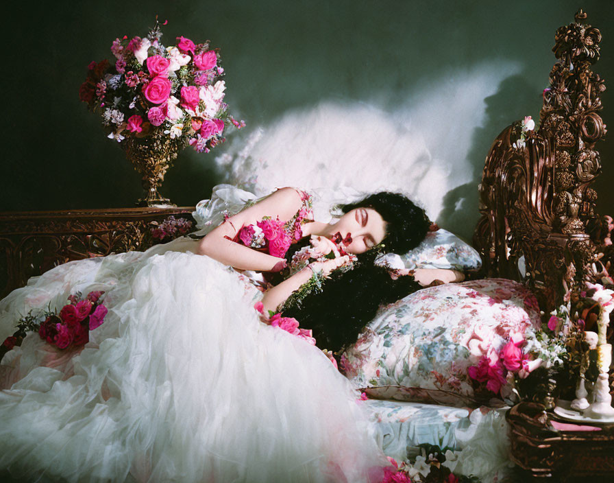 Woman in floral dress sleeping on ornate couch surrounded by luxurious flowers