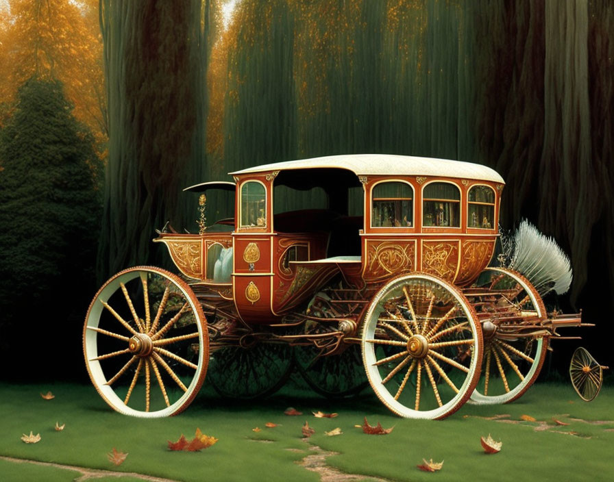 Vintage Carriage with Elaborate Details in Forest Setting