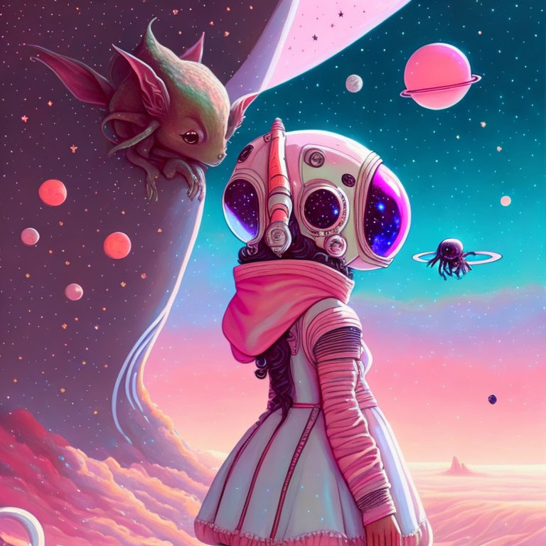 Whimsical space scene with humanoid astronaut and cute green alien