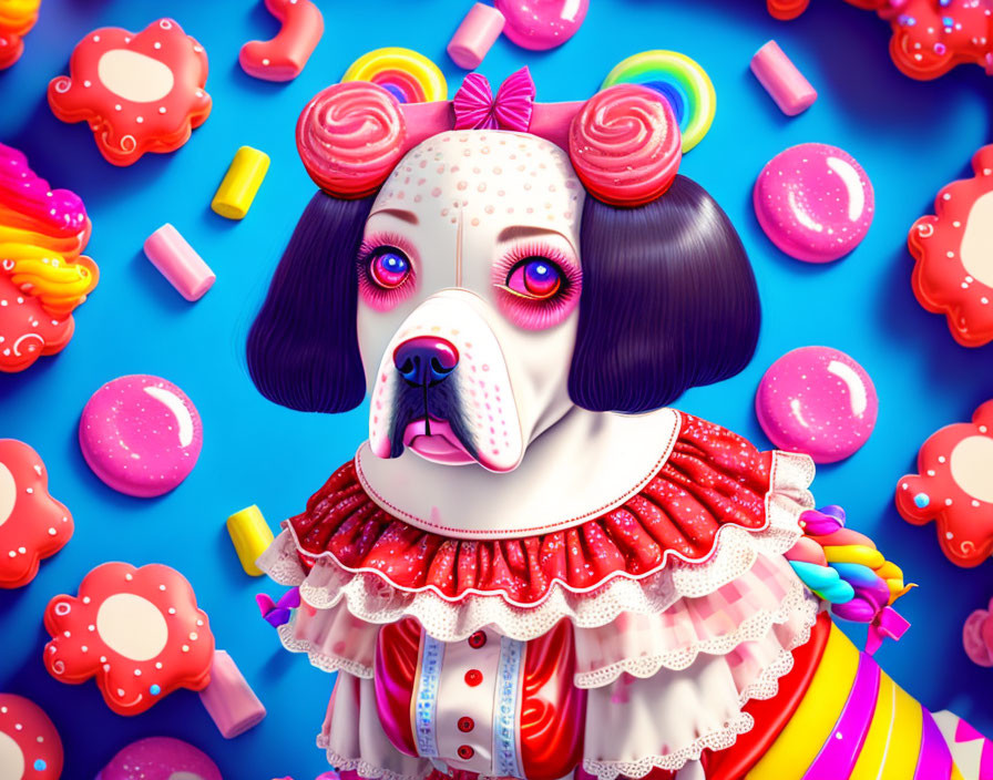 Whimsical candy-themed dog illustration with rainbow swirls and sweets