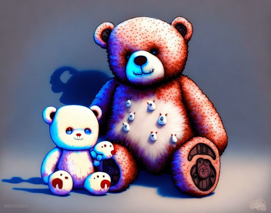 Patterned Plush Bears with Small Creatures on Gradient Background