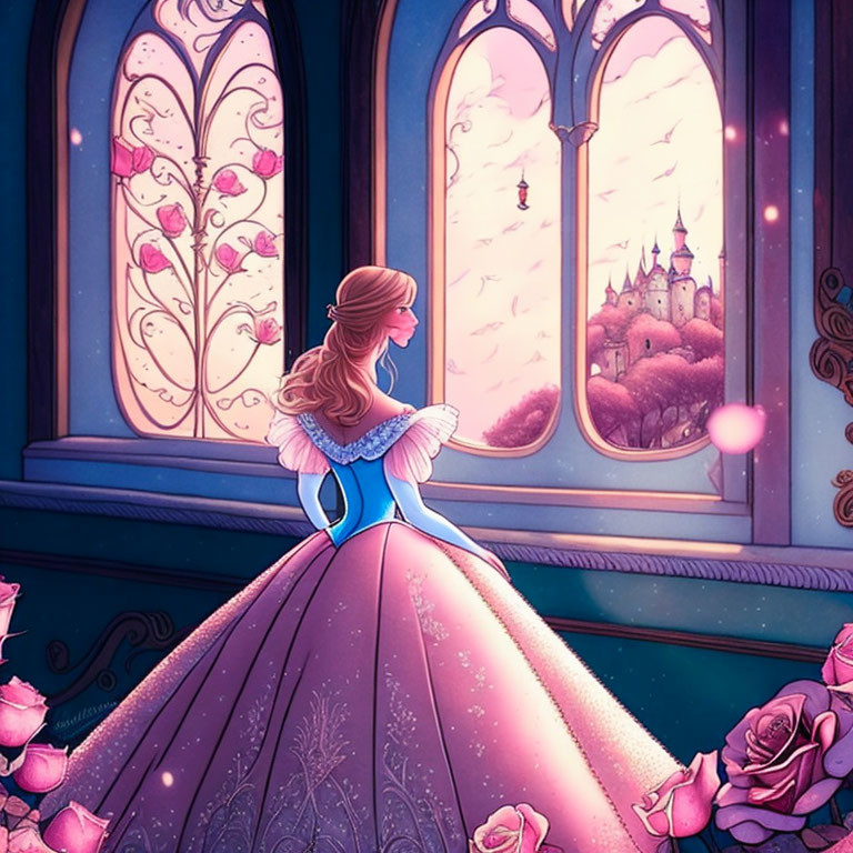 Woman in pink ballgown gazes at castle through gothic window amid roses.