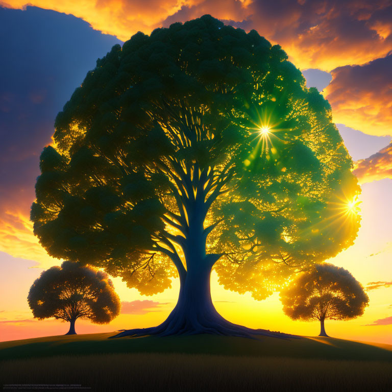 Majestic tree against vibrant sunset with smaller trees and sun rays