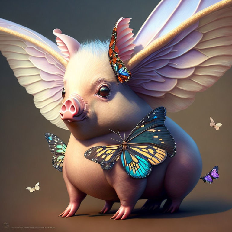 Illustration of winged piglet with butterflies in colorful scene