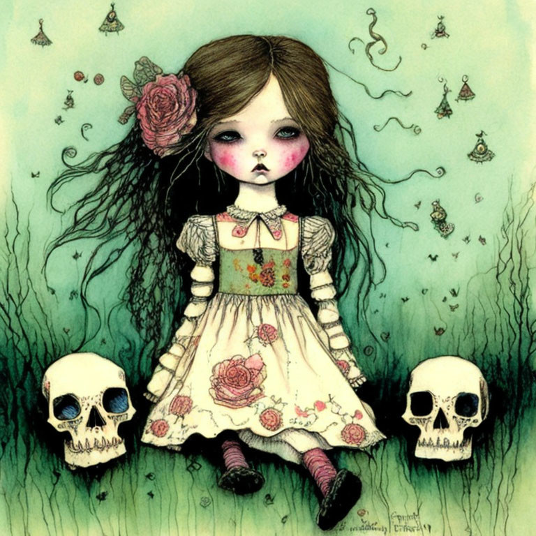 Gothic-style illustration of girl with large eyes in dress among skulls and whimsical elements