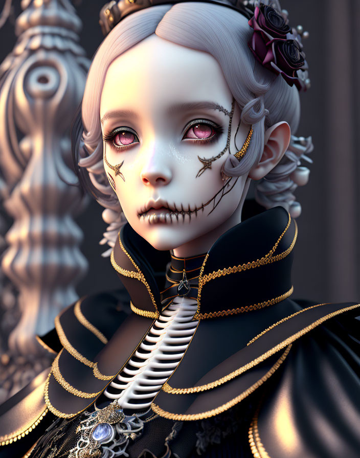 Pale female figure with red eyes, gothic makeup, black outfit, gold trim, and flower in