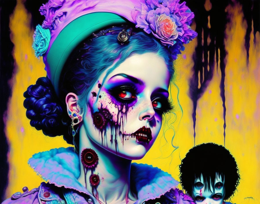 Colorful Day of the Dead woman with sugar skull makeup and floral headpiece