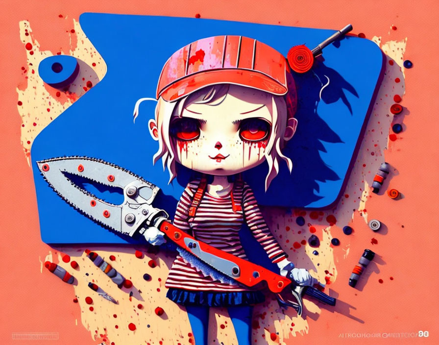 Illustrated girl with red eyes holding a chainsaw in striped dress and cap on pink background.