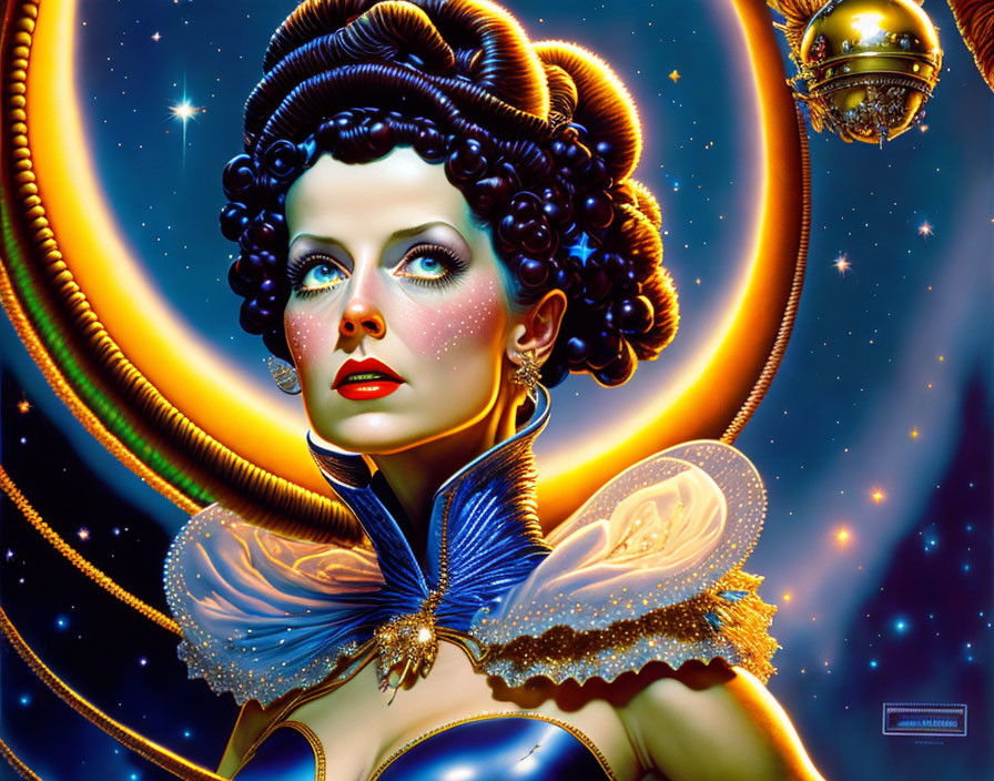 Stylized portrait of woman with elaborate hair and make-up against cosmic background