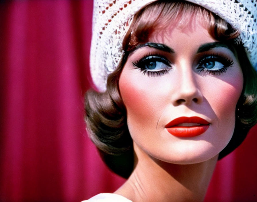 Vintage portrait of woman with bold makeup in white hat against red curtain.