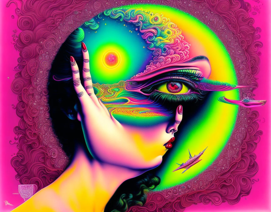 Colorful Psychedelic Artwork: Woman's Face with Rainbow Halo and Flying Planes