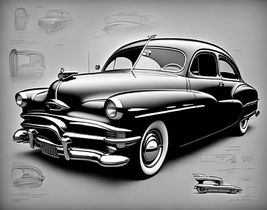 Vintage Car Design Sketches Surrounding Black and White Image