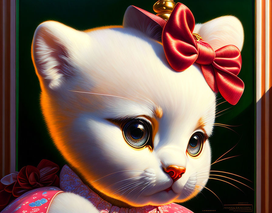 Stylized hyper-realistic white kitten illustration with oversized head and pink accessories