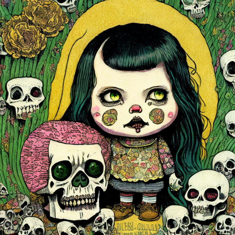 Illustration of girl with black hair and green eyes in front of skull backdrop