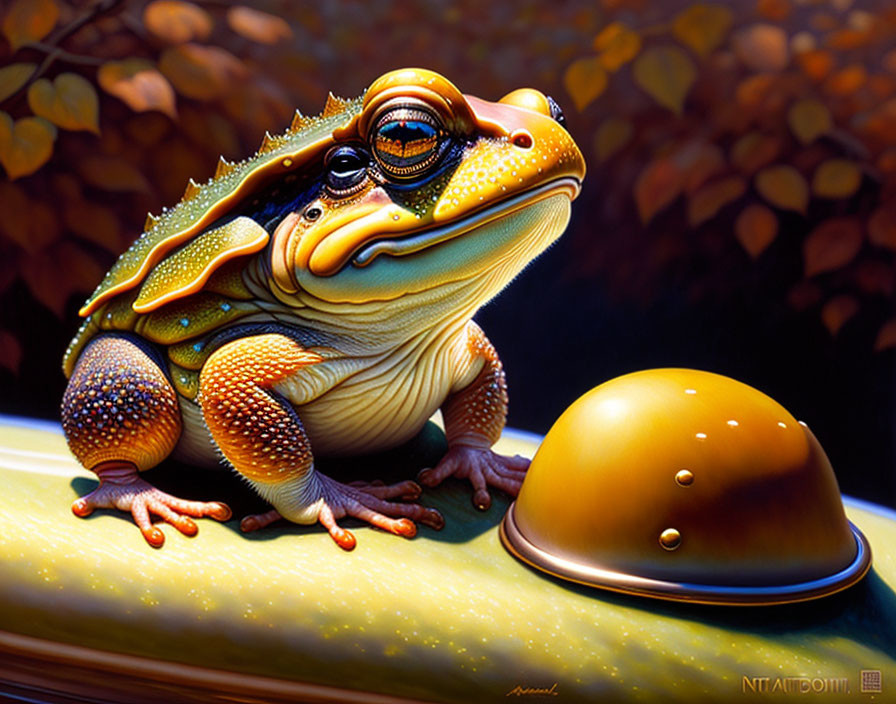 Detailed hyper-realistic illustration of large frog with shiny bell object